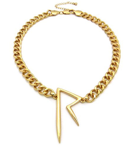 Initial R Pendant Celebrity Style Fan Necklace with 10mm 16" + Extension Link Chain in Gold-Tone