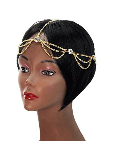 Rhinestone Charm 2 Draping Strand Head Chain Jewelry in Gold-Tone