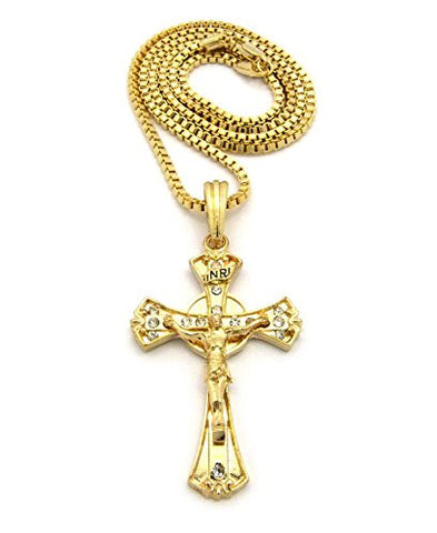 Curvy Crucifix Cross Pendant 2.5mm 24" Box Chain Necklace in Gold-Tone
