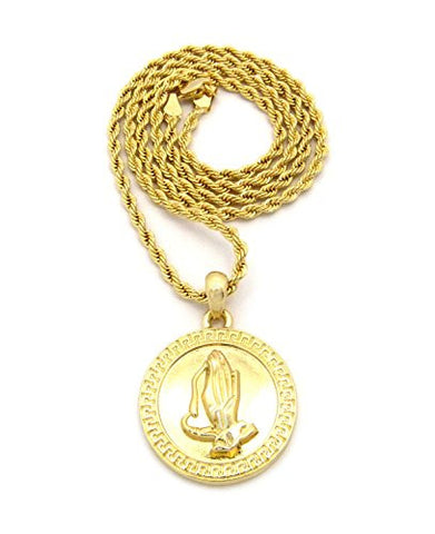 Polished Praying Hands Medal Pendant 2mm 24" Rope Chain Necklace in Gold-Tone