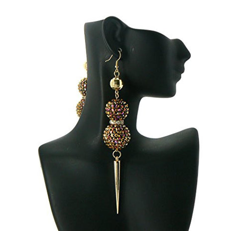 Pave Acrylic Bead Drop Earrings with Rhinestone Ring and Spike Accent - Gold-Tone