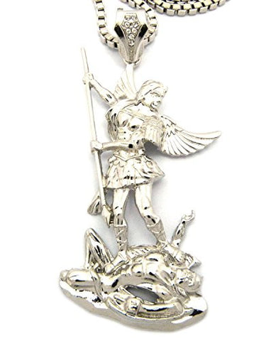 The Archangel Michael Pendant 4mm 36" Box Chain Necklace in Silver-Tone