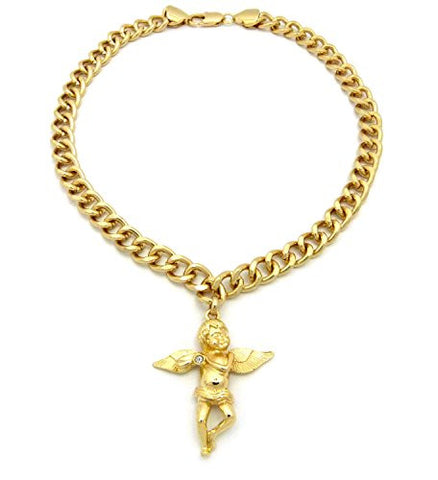 Solitaire Angel Charm 10mm 18" Link Chain Necklace in Gold-Tone