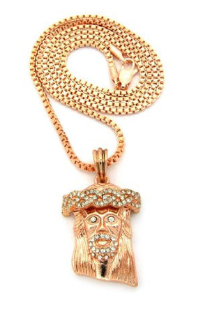 Pave Jesus Face Micro Pendant w/ 24" Box Chain in Rose Gold Tone MMP5RGBX