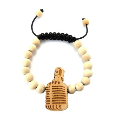 Classic Microphone Wood Pendant Wooden Bead Chain Bracelet in Natural-Tone WB24NL