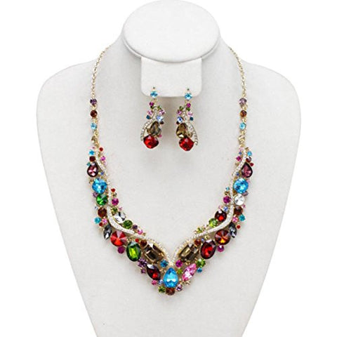 Pave Multi-Color Rhinestone Charm Necklace and Earrings Jewelry Set in Gold-Tone