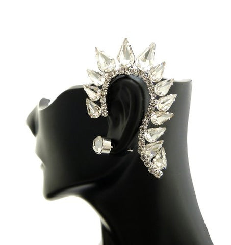 Classy Teardrop Rhinestone Ear Cuff with Stud Earring in Silver-Tone ECM684RCL