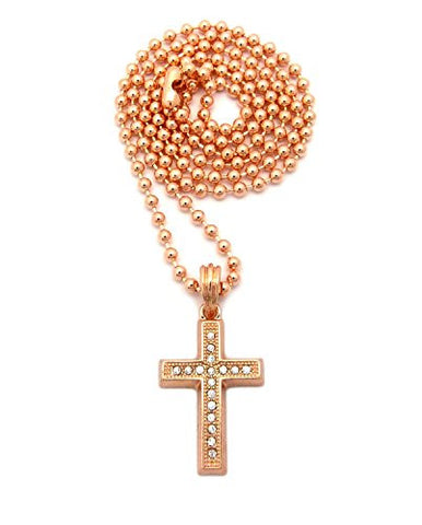 Stone Stud Mini Block Cross Micro Pendant 3mm 27" Ball Chain Necklace in Rose Gold-Tone