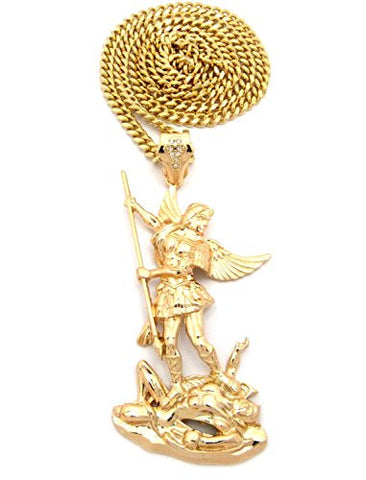 The Archangel Michael Pendant 6mm 36" Miami Cuban Chain Necklace in Gold-Tone