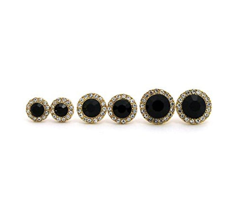 Rhinestone Cluster Faux Onyx Stud Earrings 3 Piece Gift Set - 10, 12, 15mm in Gold-Tone