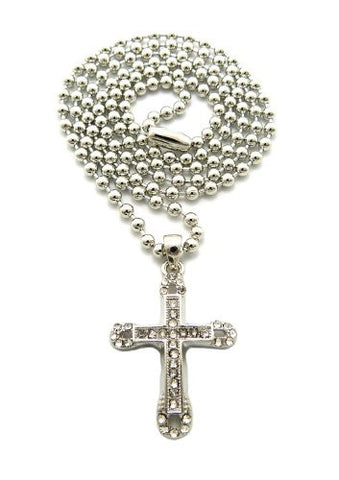 Single Row Pave Round Edge Cross Micro Pendant 3mm 27" Ball Chain Necklace in Silver-Tone