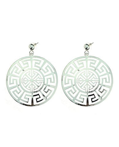Shiny Elegant Hoop Earrings w/ Modern Geometric Pattern in Silver-Tone