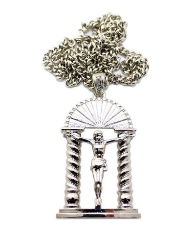 Gate of Heaven Crucifix Jesus Pendant in Silver Tone w/ 36" Cuban Chain CP75R