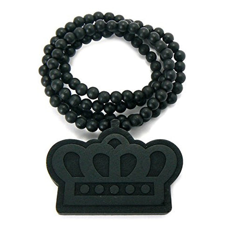 Crown Wood Pendant 8mm 36" Wooden Bead Chain Necklace in Black