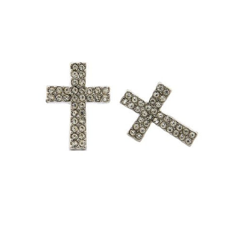 Double Row Clear Stone Cross Stud Earrings in Silver-Tone