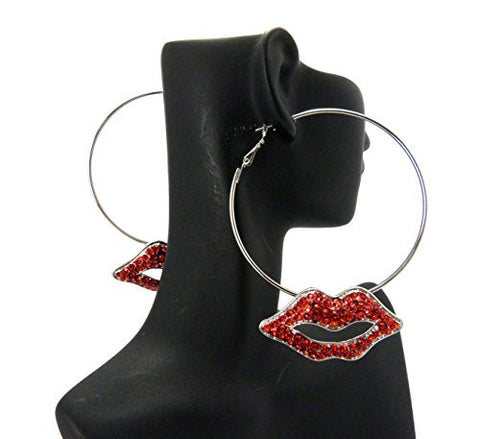 Rhinestone Lips Charm Dangle 2.5" Hoop Earrings in Silver-Tone