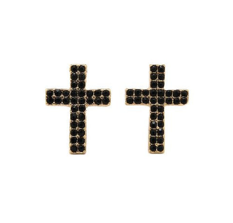 Double Row Jet Stone Cross Stud Earrings in Gold-Tone
