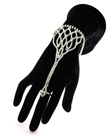 Silver-Tone Rhinestone Studded Filigree Design Bracelet Ring Hand Jewelry