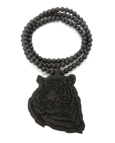 Tiger Engraved Wood Pendant 36" Wooden Bead Chain Necklace in Black-Tone WJ180BK
