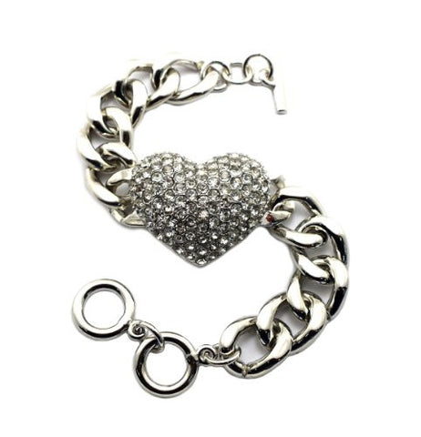Rhinestone Heart Charm 7.5" Bracelet in Silver-Tone