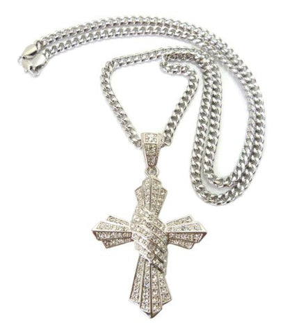 Wrap Around Cross Pendant in Silver Tone w/ 6mm 36" Miami Cuban Chain CP34R