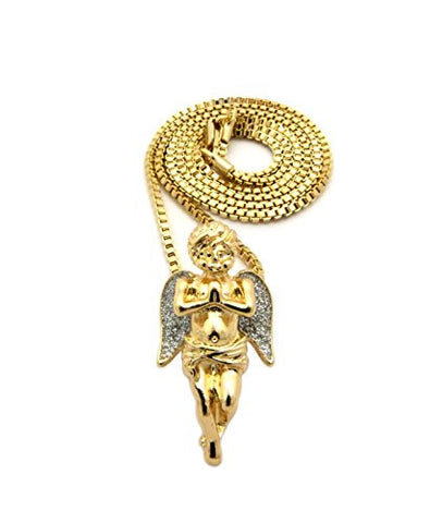 Silver-Tone Glimmer Wing Praying Angel Pendant w/ 2mm 24" Box Chain Necklace in Gold-Tone