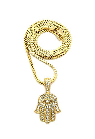 Rhinestone Studded Hamsa Palm Evil Eye Pendant 2mm 24" Box Chain Necklace in Gold-Tone