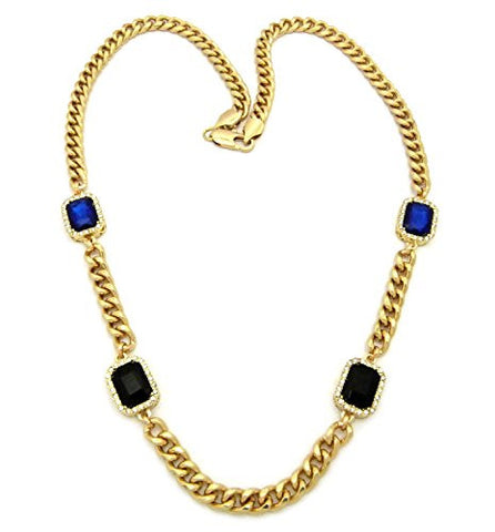 Faux Onyx & Sapphire Stone Amulet Pendants w/ 8mm 30" Cuban Chain Necklace in Gold-Tone