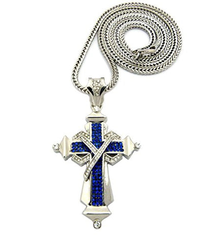 Pave Cross Necklace with 4mm 36" Franco Chain - Blue/Silver Tone MLP039RBL