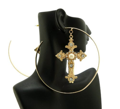 Fabulous Gold/Chrome Tone Cross Charm Large Size Hoop Earrings DE1125GDCRM