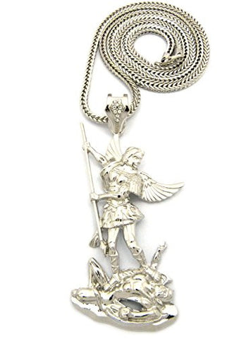 The Archangel Michael Pendant 4mm 36" Franco Chain Necklace in Silver-Tone