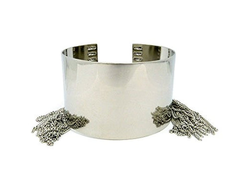 Solid Polished Arm Bangle Cuff Band w/ Chain Tassels in Silver-Tone