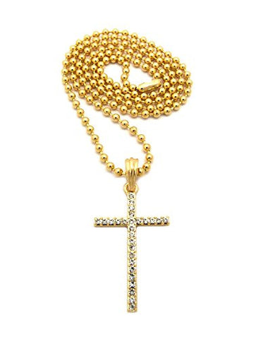Thin Slim Rhinestone Cross Pendant 3mm 27" Ball Chain Necklace in Gold-Tone