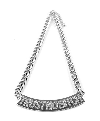 Paved Trust No Bitch Pendant Necklace with 10mm 16" + Extension Chain in Silver-Tone