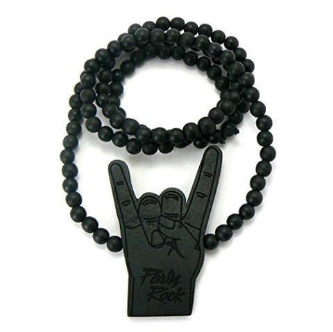 Rock n Roll Hand Sign Wood Pendant 36" Wooden Bead Chain Necklace in Black-Tone WX31BK