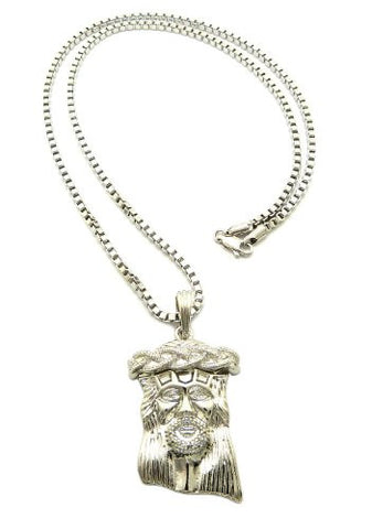 Silver Tone Jesus Face Micro Pendant Necklace w/ 3mm 24" Box Chain SP5RBX