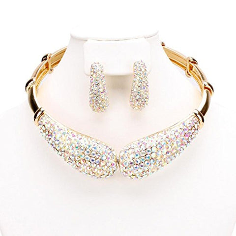 Magnet Opening Iridescent Stone Flex Choker Collar Neckalce and Earrings Jewelry Set in Gold-Tone