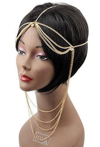 Trendy Women's Cubic Center Gold Color Long Drop Back Linked Metal Head Chain IHC1020G