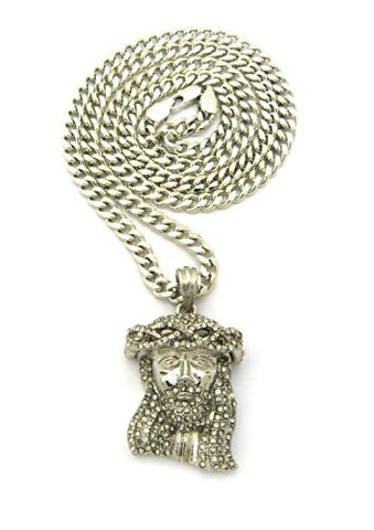Crown of Thorns Jesus Pave Mini Pendant w/ 24" Cuban Chain - Silver Tone RC351R
