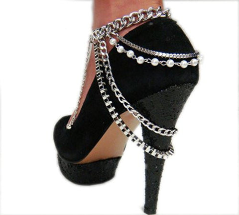 Stunning Silver Tone Faux Pearl Multiple Links Adjustable Heel Chain IHN1003R