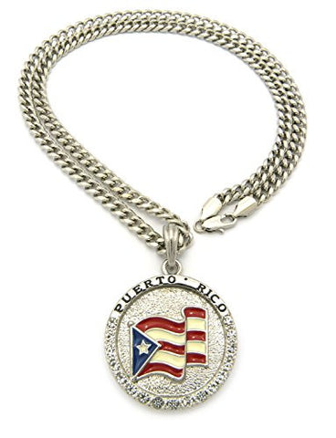 Flag of Puerto Rico Pride Rhinestone Medal Pendant 24" Cuban Chain Necklace - Silver-Tone XSP085RCC