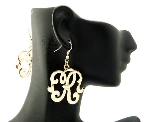 Initial Letter R Celebrity Style Monogram Earrings in Gold-Tone