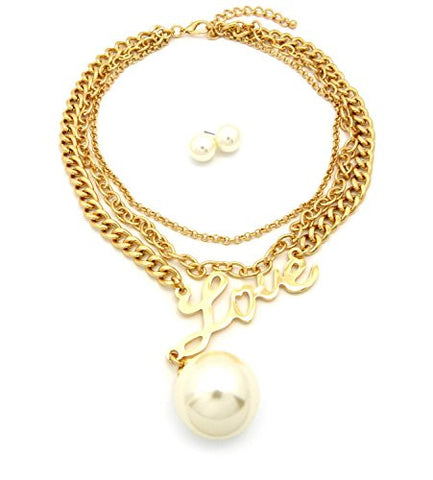 Love Pendant Faux Pearl Accent Multi-Strand Link Chain Necklace with Earrings in Gold-Tone NEQ13G