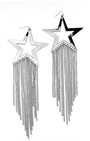 Star Plate Dropping Chain Dangle Earrings in Silver-Tone E4047RH