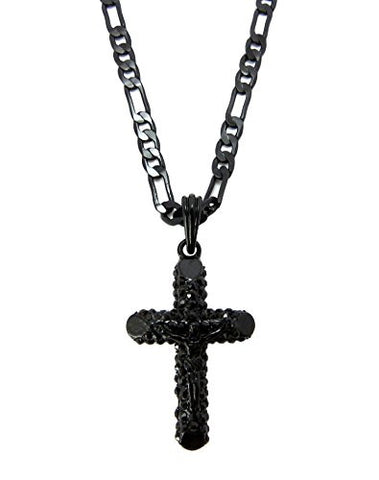 Pave Passion Crucifix Cross Jesus Pendant with 24" Figaro Chain Necklace - Jet-Tone MSP158BP