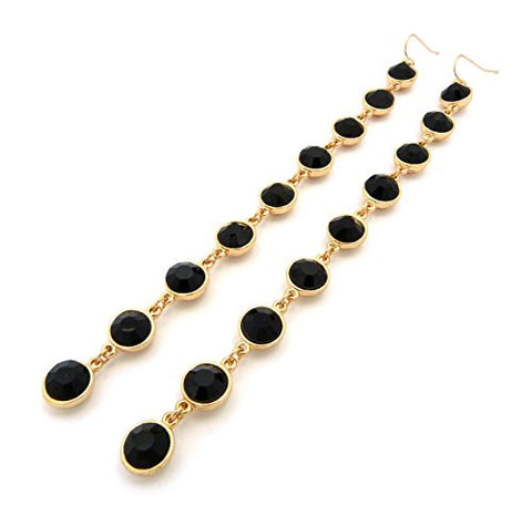 Very Long Jet Round Cut Rhinestone Stud Link Drop Earrings in Gold-Tone