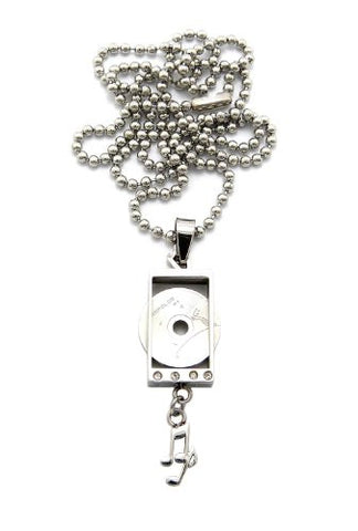 Record Disc Music Note Charm Necklace w/ 2mm 24" Stainless Steel Ball Chain - Silver Tone RC74SS