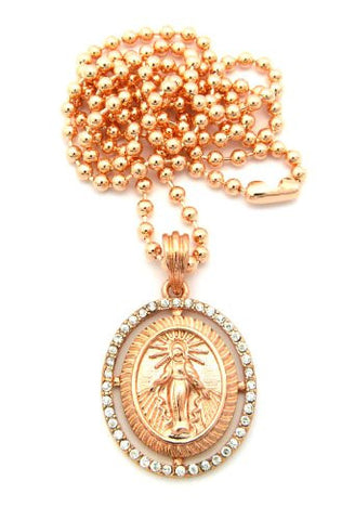 Saint Mary Halo Paved Oval Micro Pendant 27" Ball Chain Necklace in Rose Gold-Tone MMP21RG