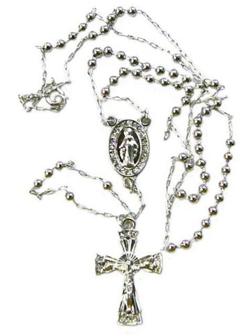 Silver Tone Mother Mary Jesus Cross Pendant 3mm 33" Bead Rosary Necklace GRO1R