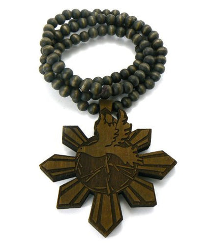 Peace Dove Bird Wood Pendant 36" Wooden Bead Chain Necklace in Brown-Tone WJ122BRN